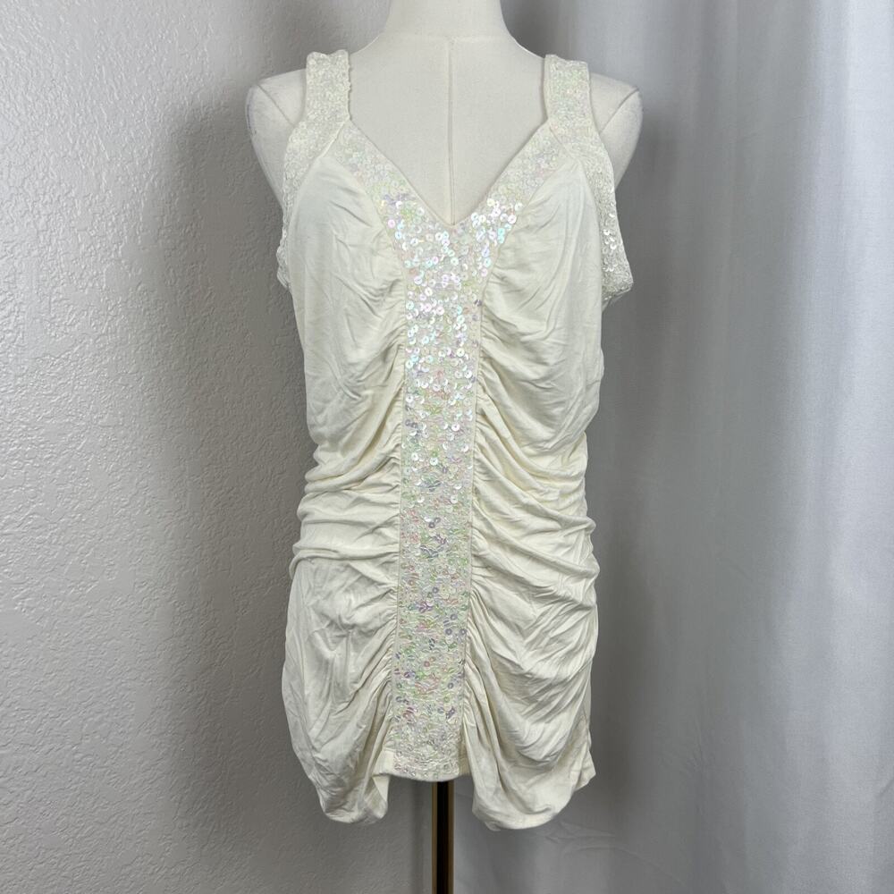 VTG Worthington‎ Top Womens Large White Sequin Ruched Fairy Y2K Festival Glam